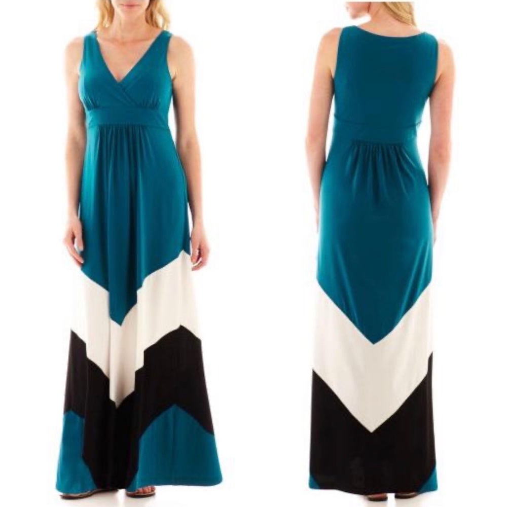 Studio one NY Teal White and Black Maxi Dress (L)